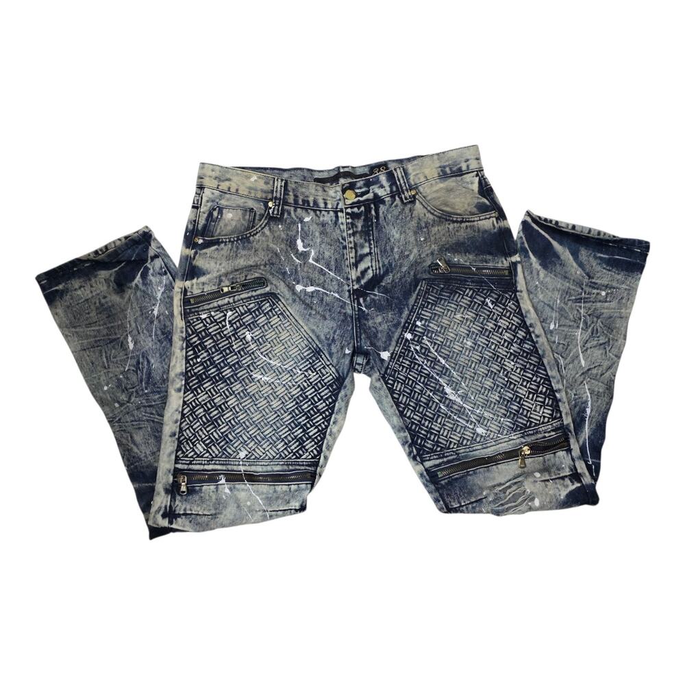 Côte de Nuits Distressed Moto Jeans Acid Wash Paint Splatter 38x34 Streetwear - Picture 2 of 11